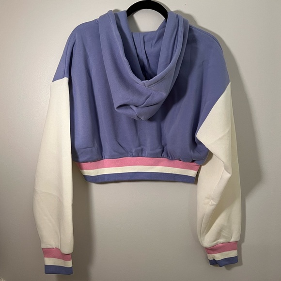 NWT Barbie Purple Crop Top Hoodie with Pink, White, Purple Stripe Cuffing - Picture 3 of 7